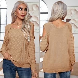 Buttoned Elegance Cold Shoulder Sweater - Tan